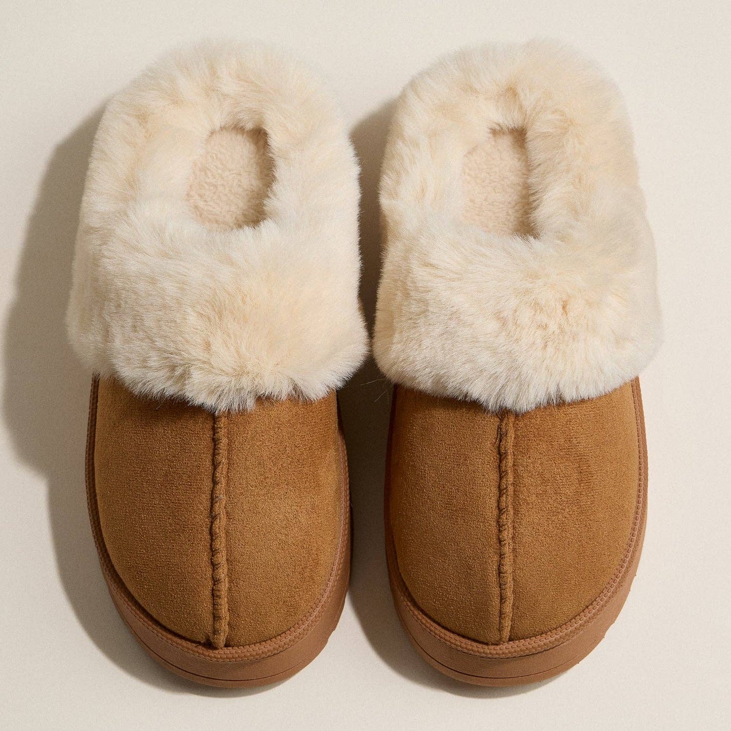 Platform Sherpa Slippers with Suede Finish - Camel