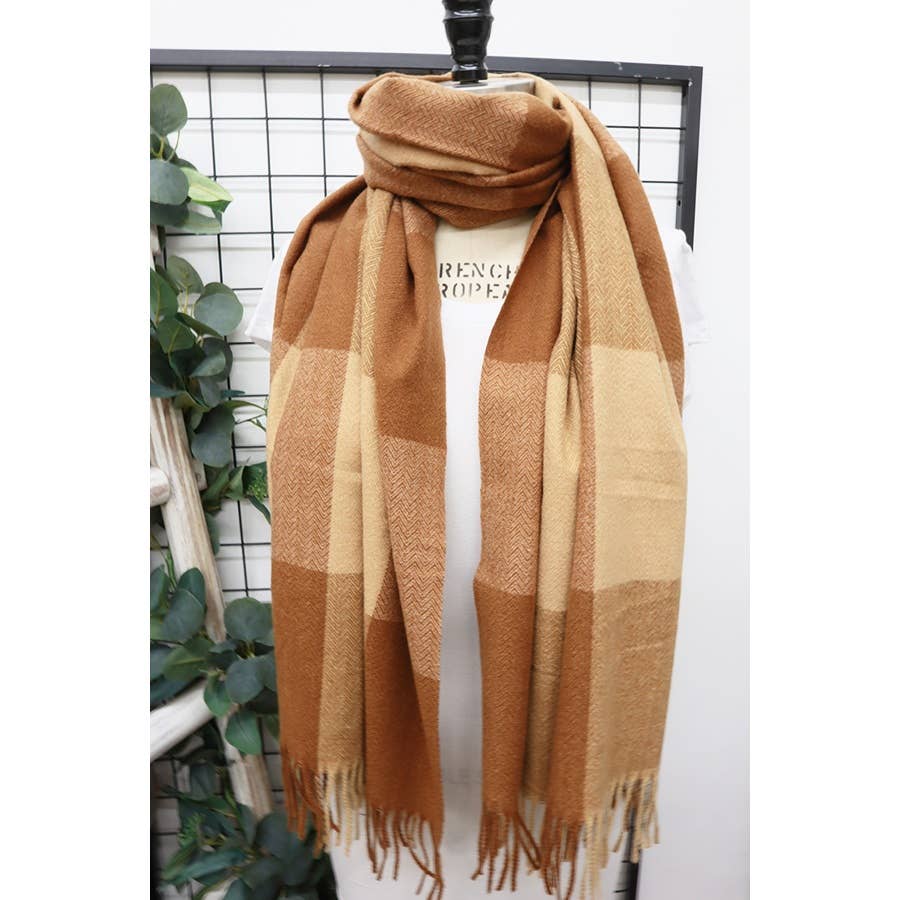Tan/brown - Two Tone Plaid Cashmere Scarf with Tassel