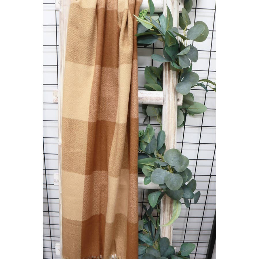 Tan/brown - Two Tone Plaid Cashmere Scarf with Tassel