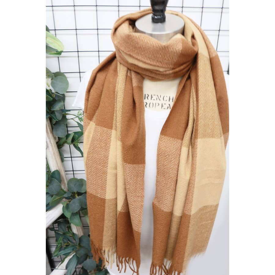 Tan/brown - Two Tone Plaid Cashmere Scarf with Tassel