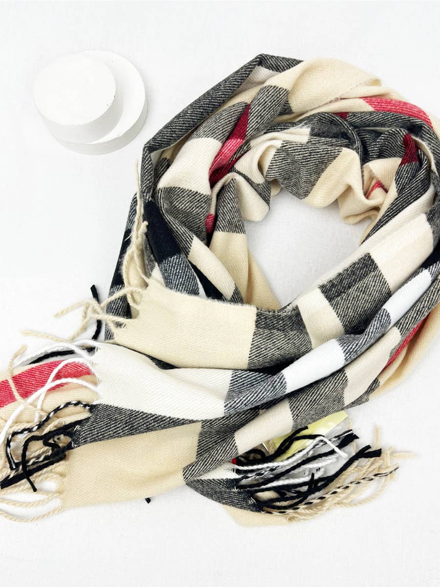 Beige/red/black - Plaid Cashmere Scarf With Tassel