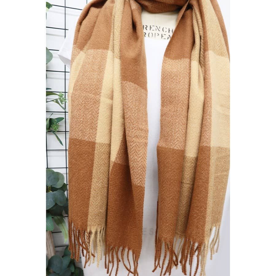 Tan/brown - Two Tone Plaid Cashmere Scarf with Tassel