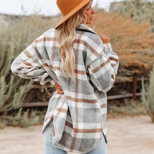 Plaid Flannel Shacket: Grey/Brown