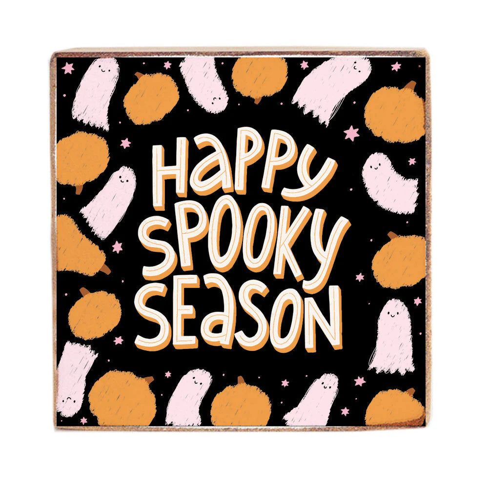 Ghosts Happy Spooky Season - Square Wood Block Sign
