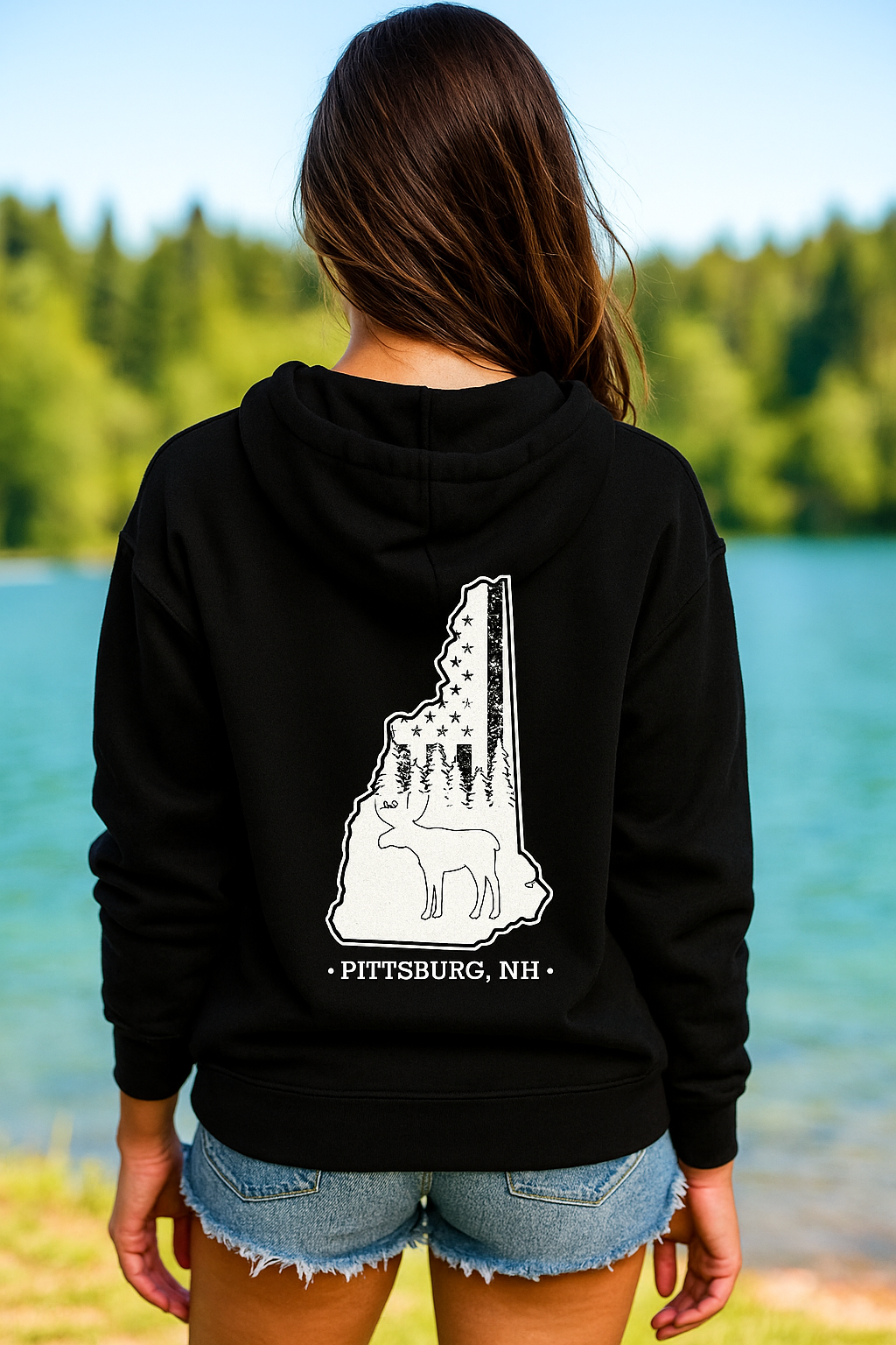 Black Hoodie, NH Flag Treeline & Moose