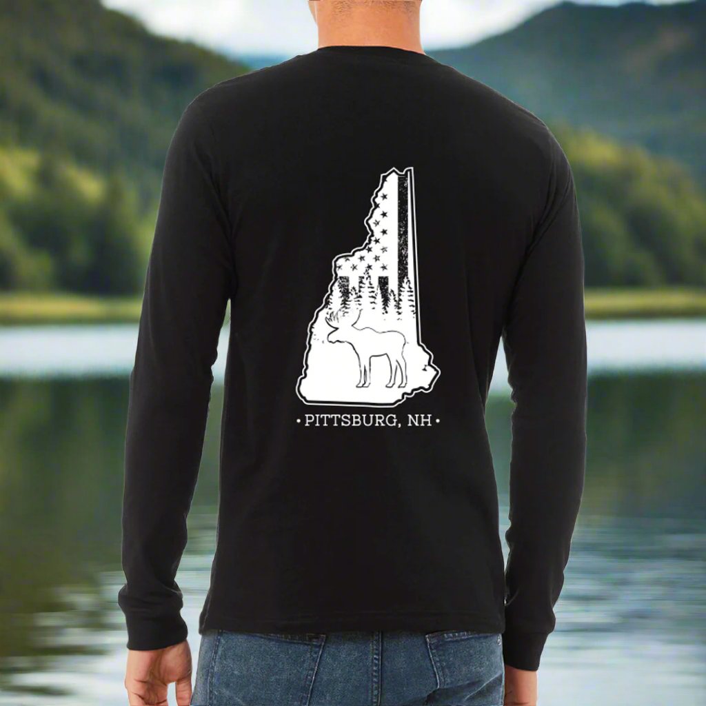 Black LS Tee, NH Flag Treeline & Moose