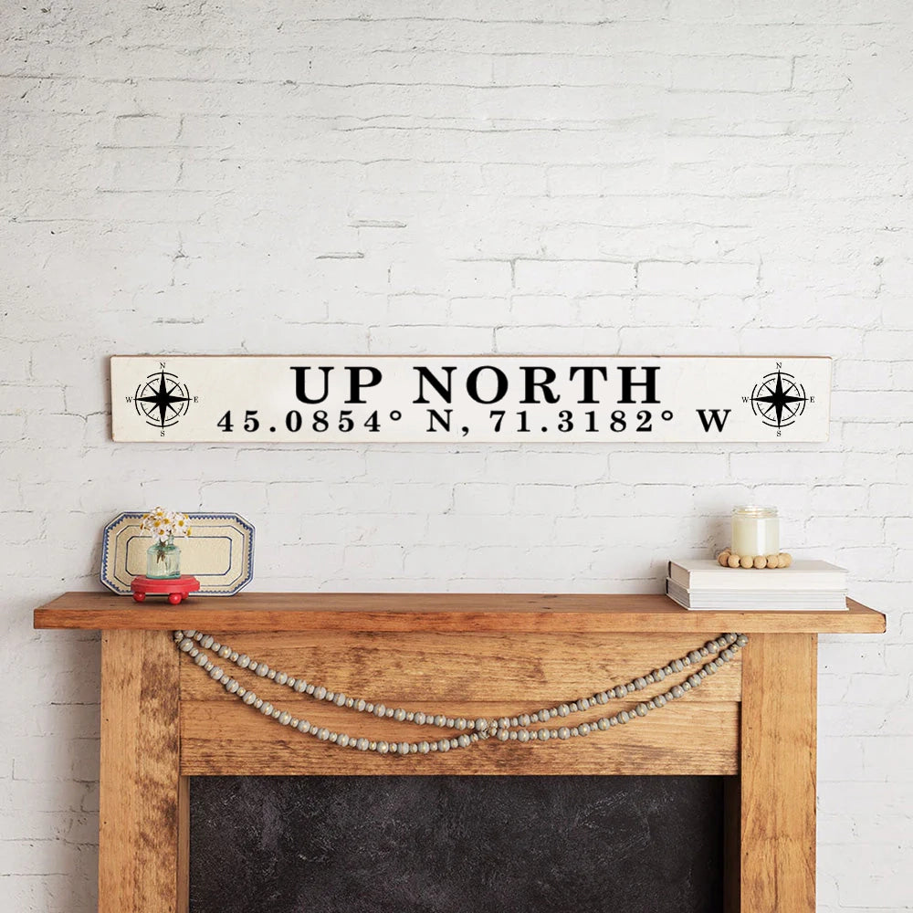 Up North & Coordinates - White Solid Wood Sign