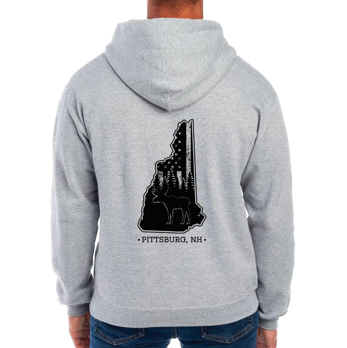 Grey Heather Hoodie, NH Flag Treeline & Moose