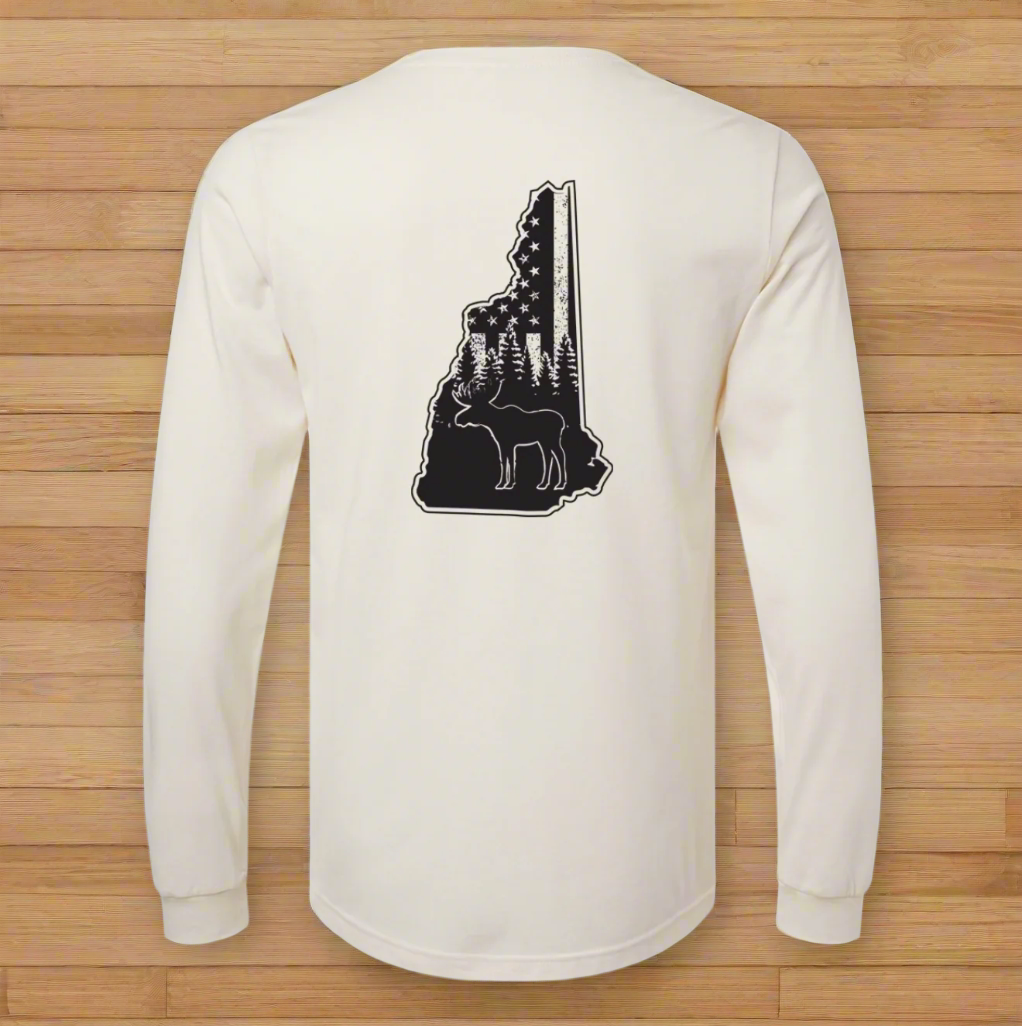 Cream LS Tee, NH Flag Treeline & Moose