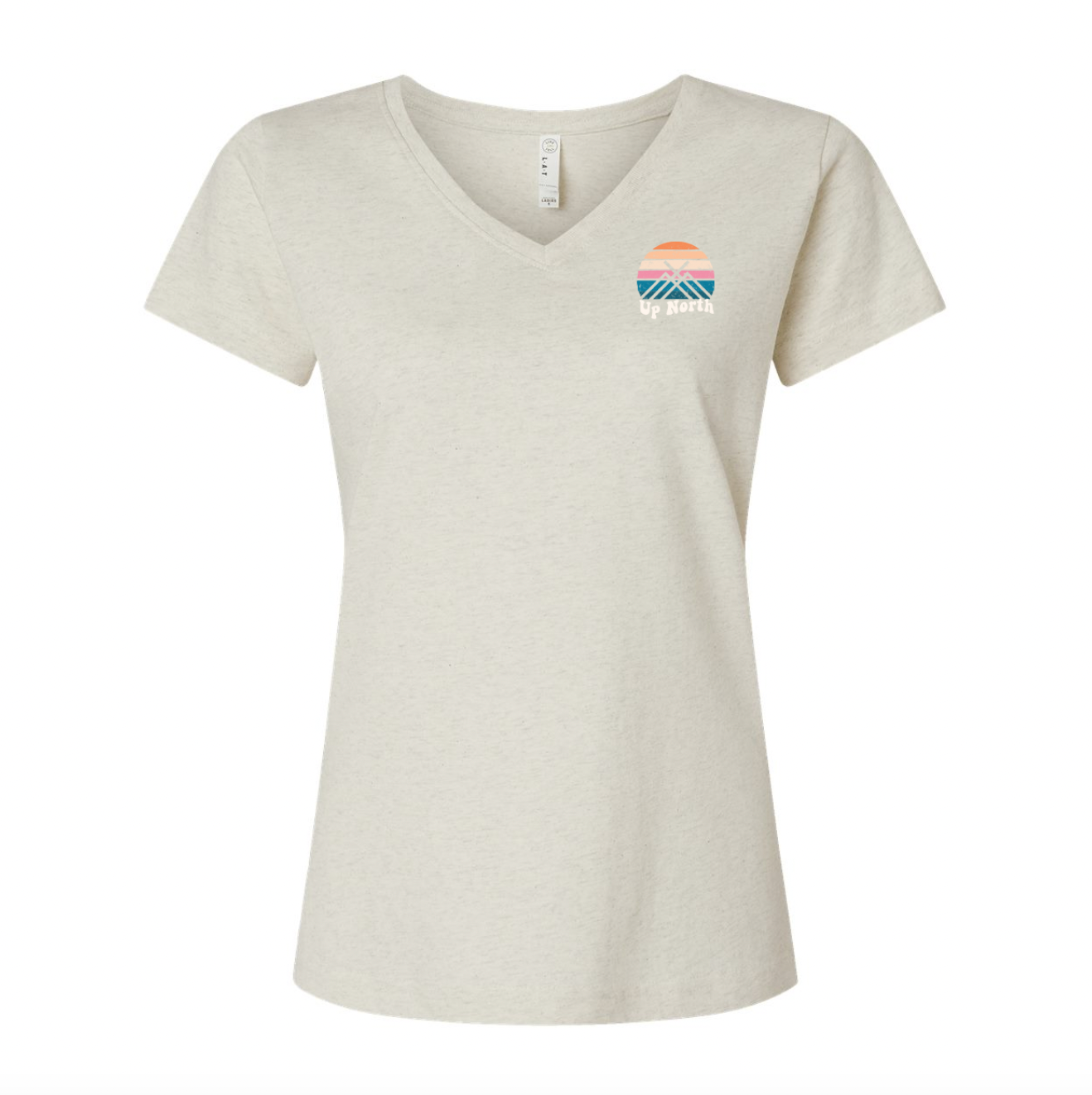 Ladies V-Neck Tee, Warm Sunrise Logo