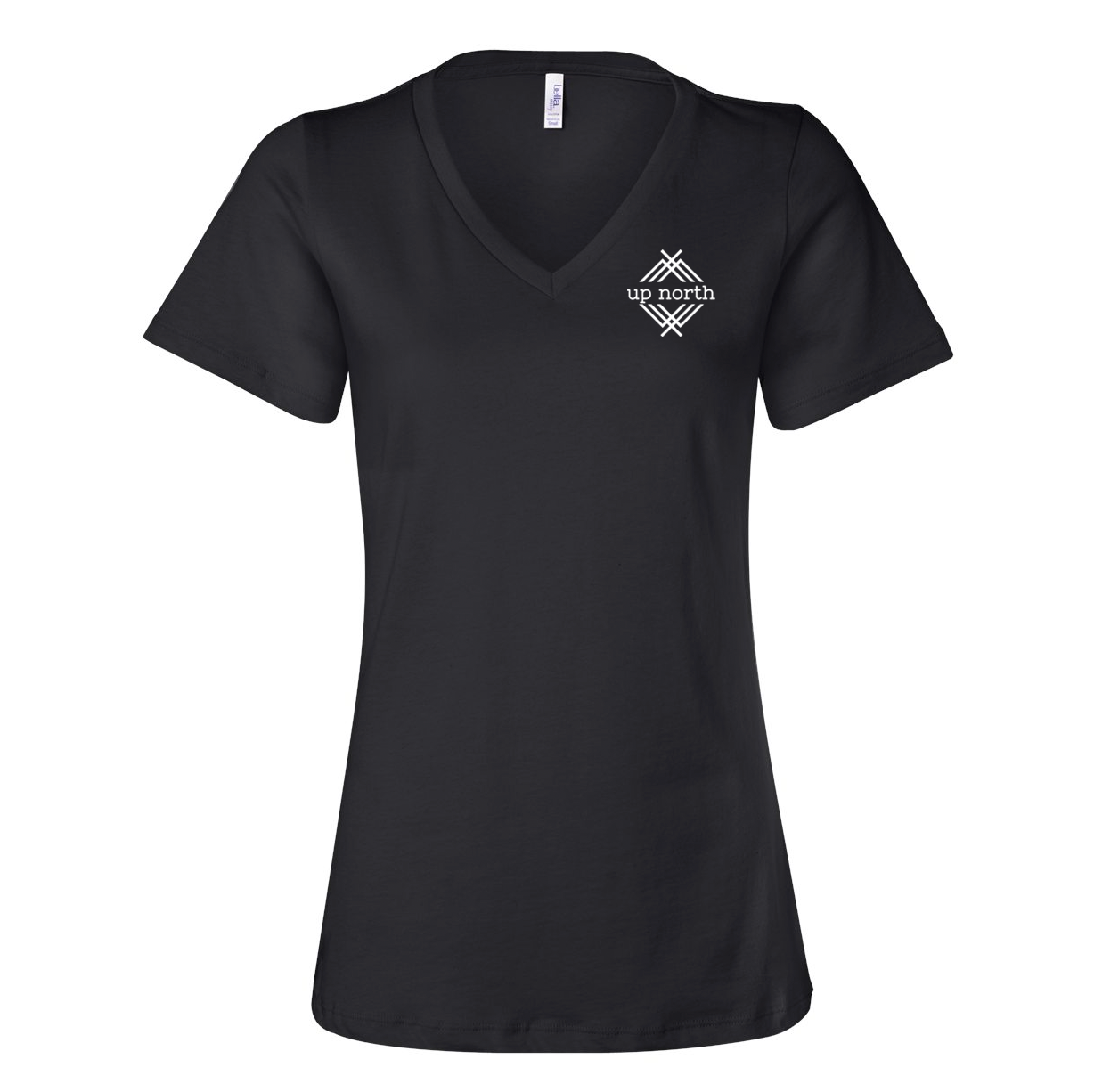 Black Ladies V-Neck Tee, NH Flag Treeline & Moose