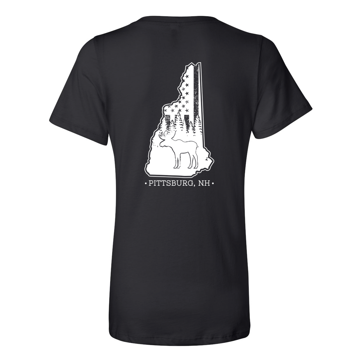 Black Ladies V-Neck Tee, NH Flag Treeline & Moose