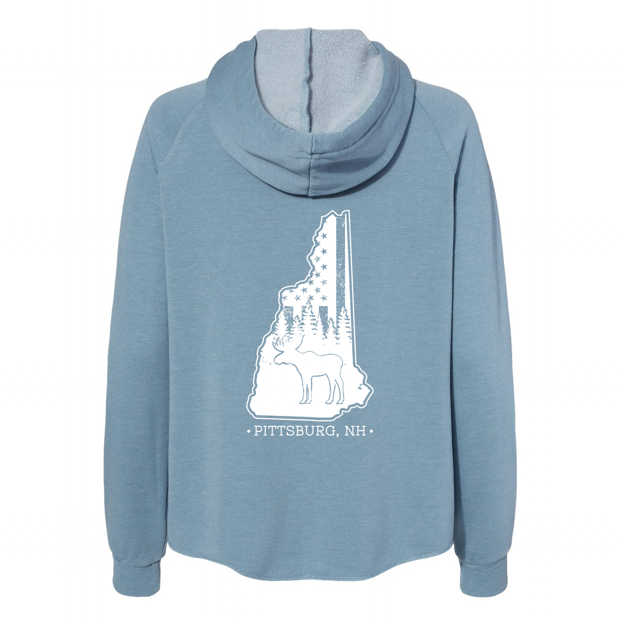 Ladies Hoodie, NH Flag Treeline & Moose - Dusty Blue