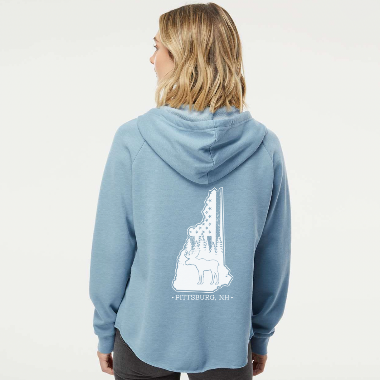 Ladies Hoodie, NH Flag Treeline & Moose - Dusty Blue