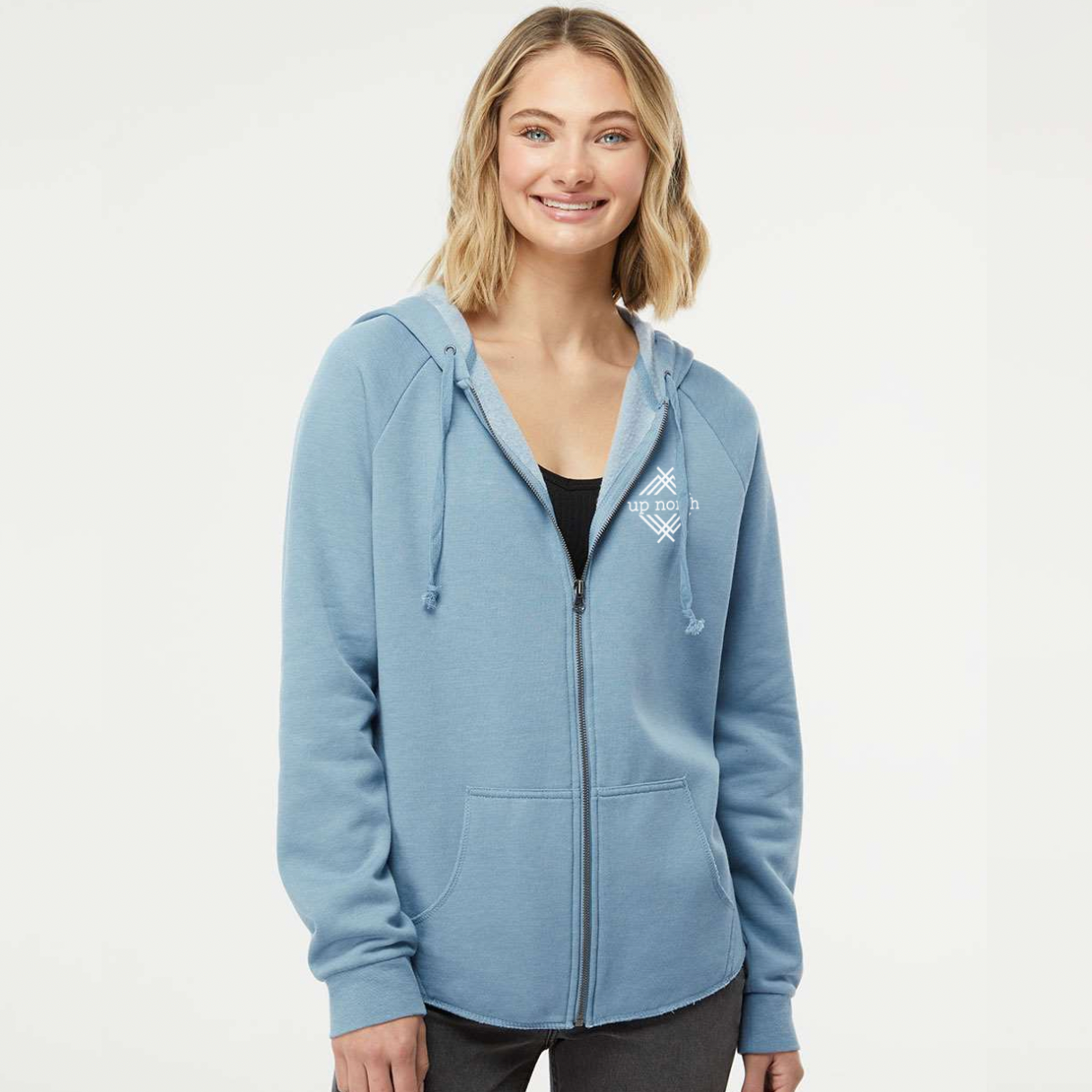 Ladies Hoodie, NH Flag Treeline & Moose - Dusty Blue