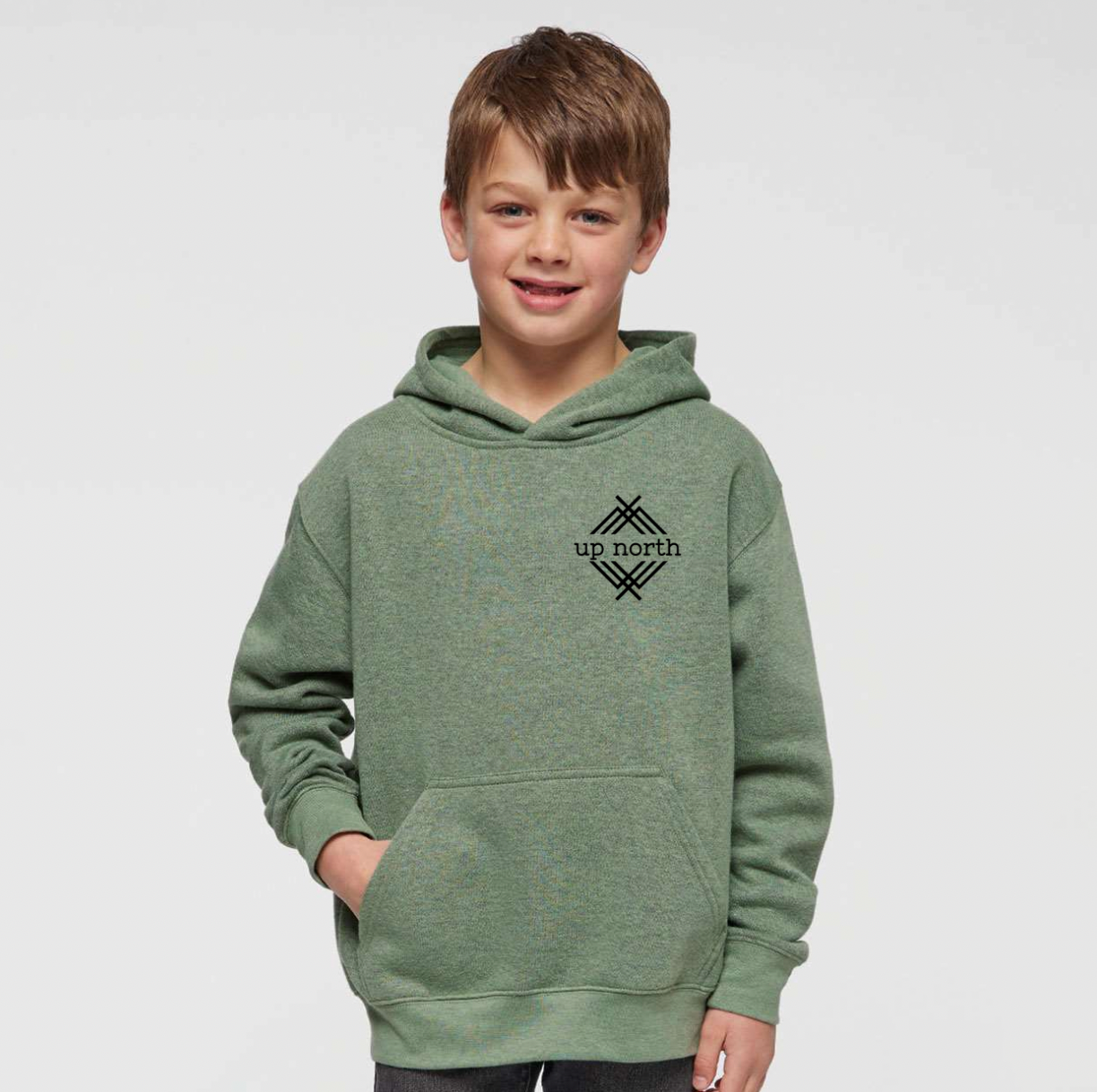 Youth Hoodie, NH Flag Treeline & Moose - Olive