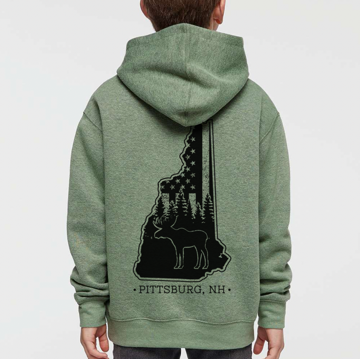 Youth Hoodie, NH Flag Treeline & Moose - Olive