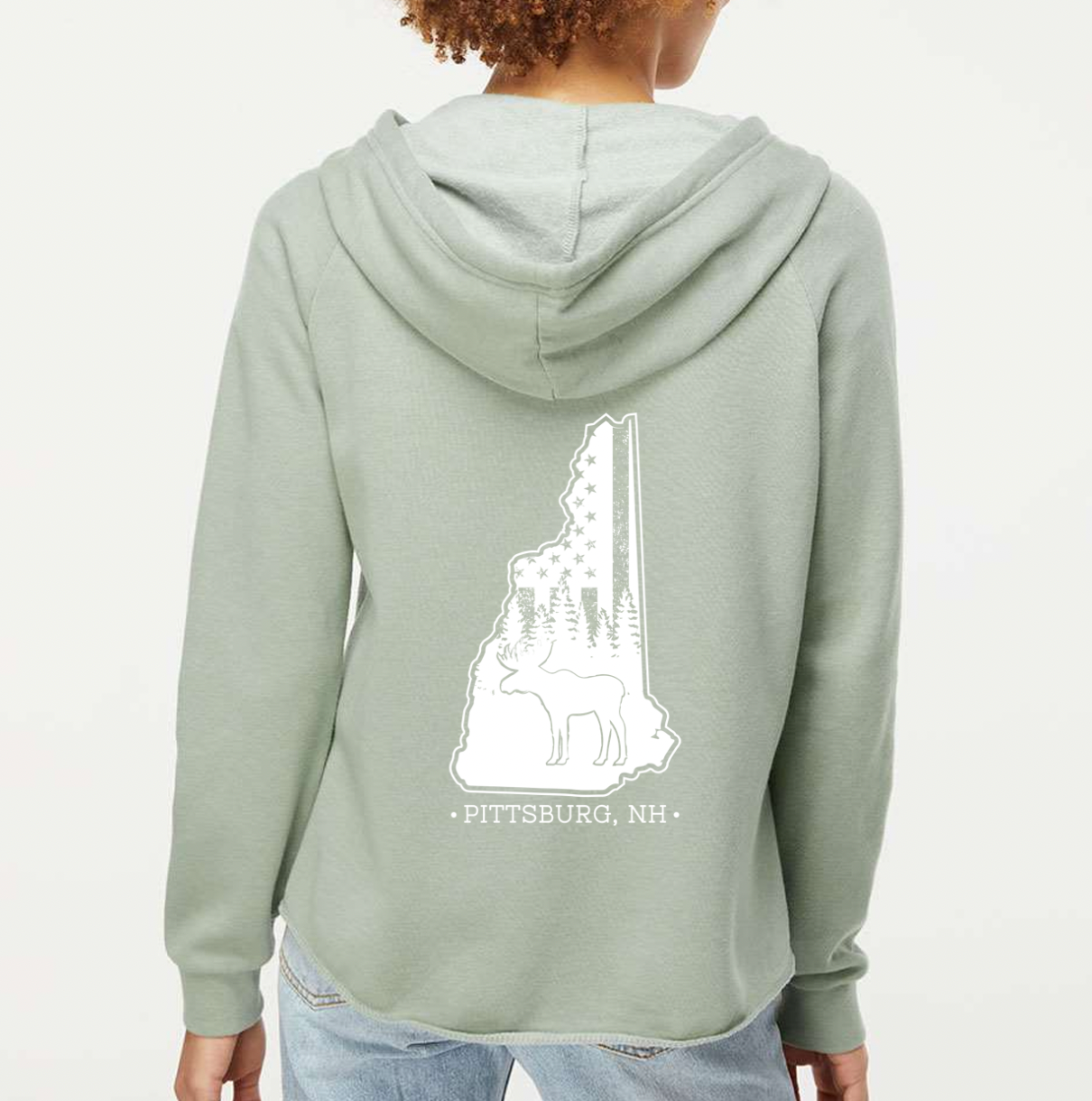 Ladies Hoodie, NH Flag Treeline & Moose -Sage