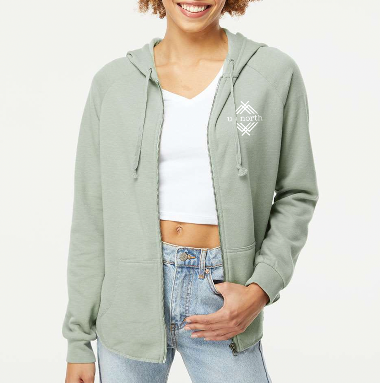 Ladies Hoodie, NH Flag Treeline & Moose -Sage