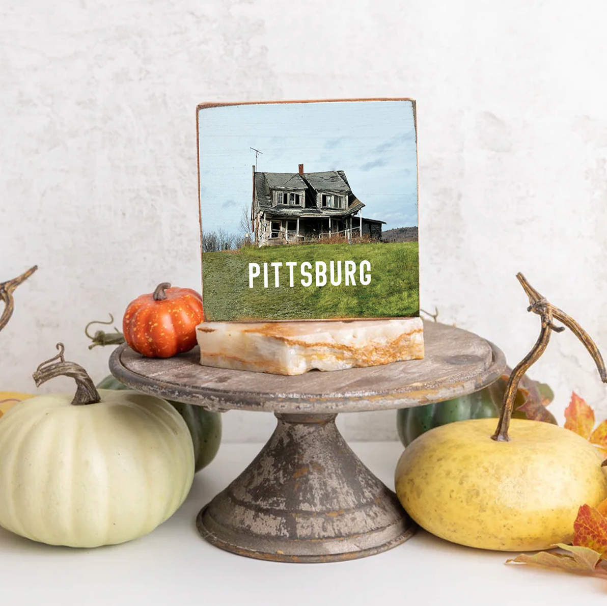 Spooky House - Square Wood Block Sign