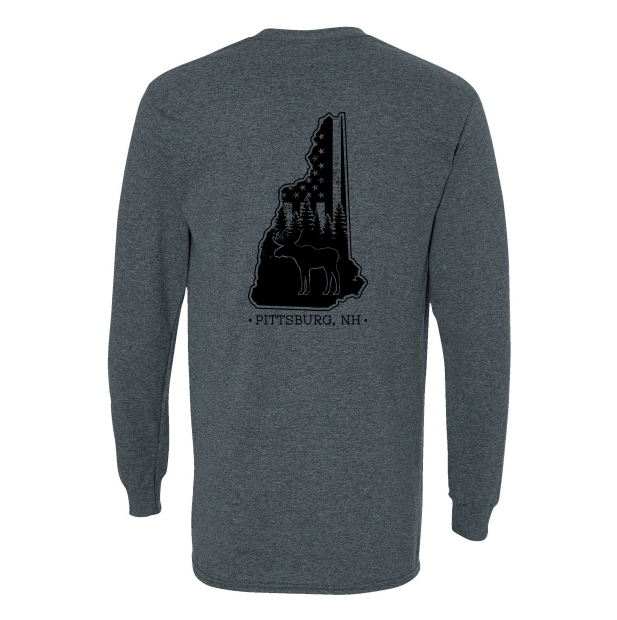 Dk Grey LS Tee, NH Flag Treeline & Moose