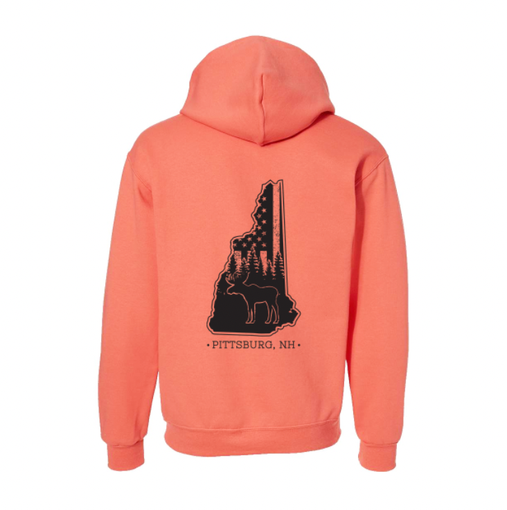 Coral Hoodie, NH Flag Treeline & Moose