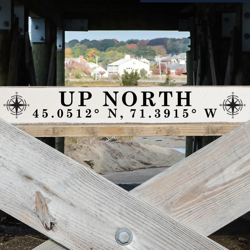 UP NORTH Compass & Coordinates - White Solid Wood Sign