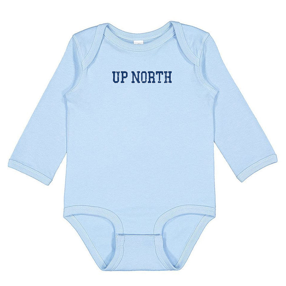Up North Varsity Font - Lt. Blue Long Sleeve Baby Onesie