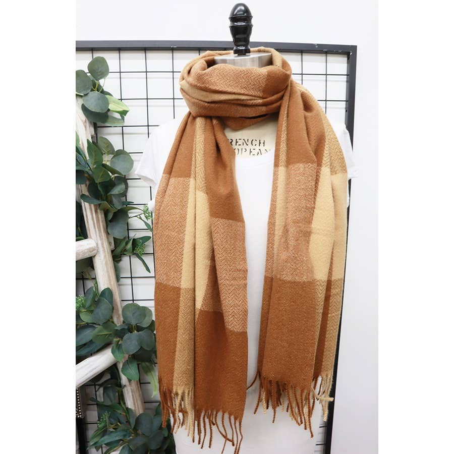 Tan/brown - Two Tone Plaid Cashmere Scarf with Tassel