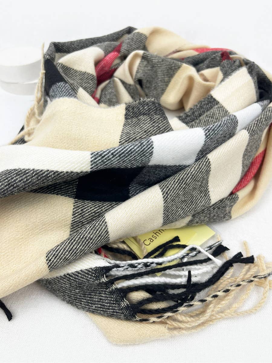 Beige/red/black - Plaid Cashmere Scarf With Tassel