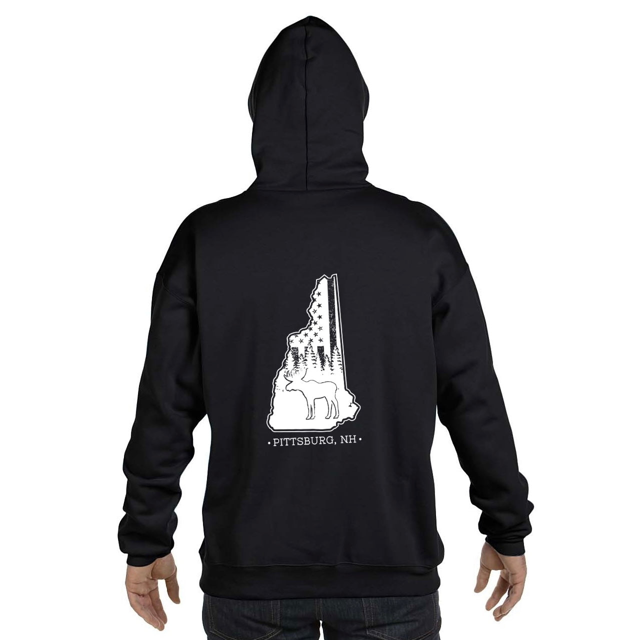 Black Hoodie, NH Flag Treeline & Moose