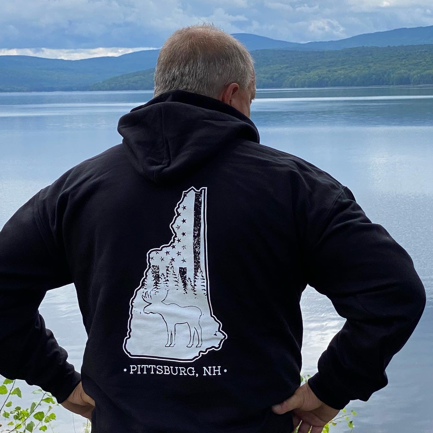 Black Hoodie, NH Flag Treeline & Moose