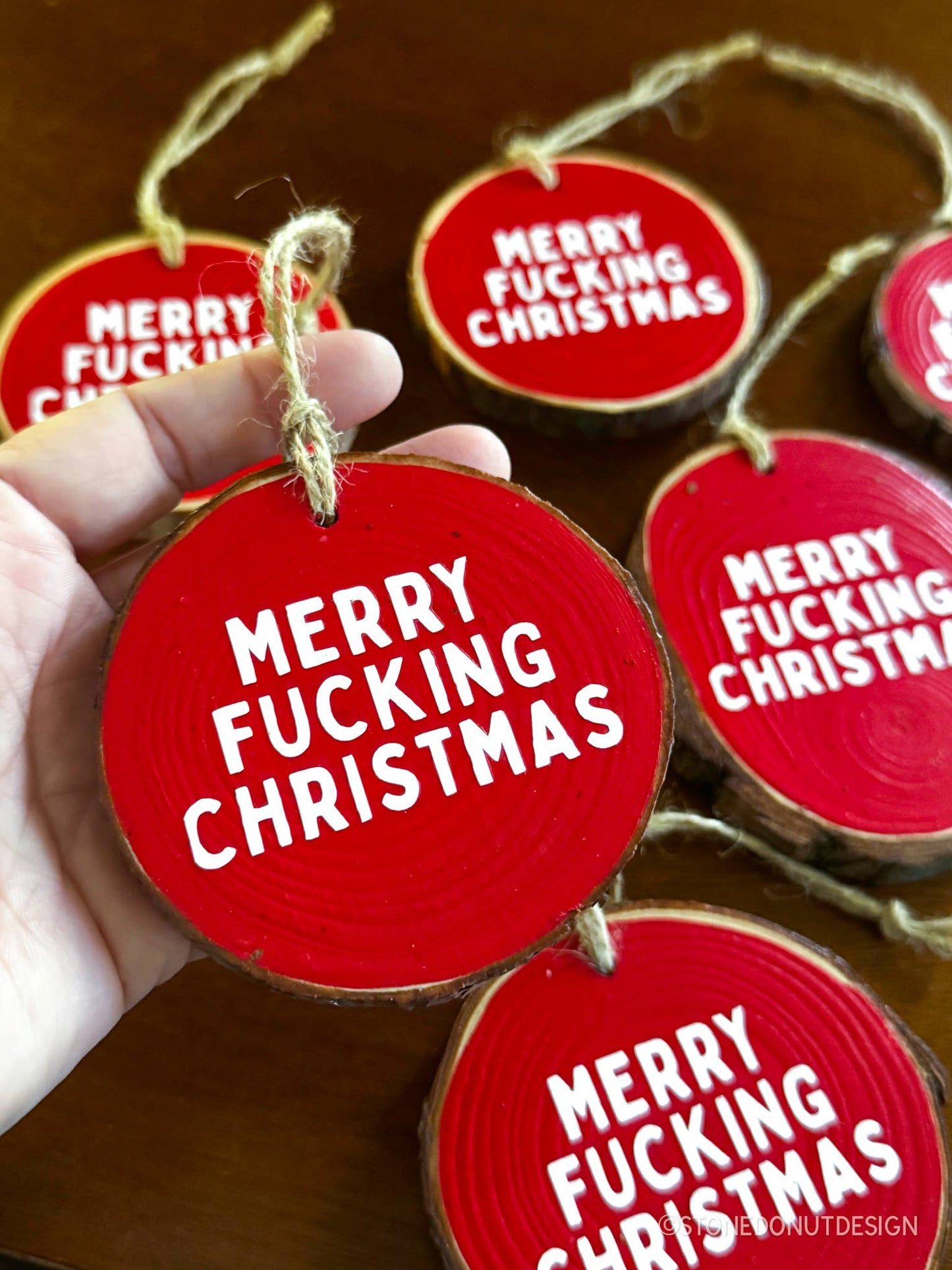 Merry Fucking Christmas Wood Slice Christmas Ornament