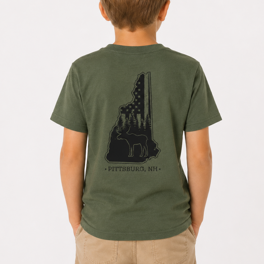 YOUTH Tee - NH Flag Treeline & Moose - Olive Green