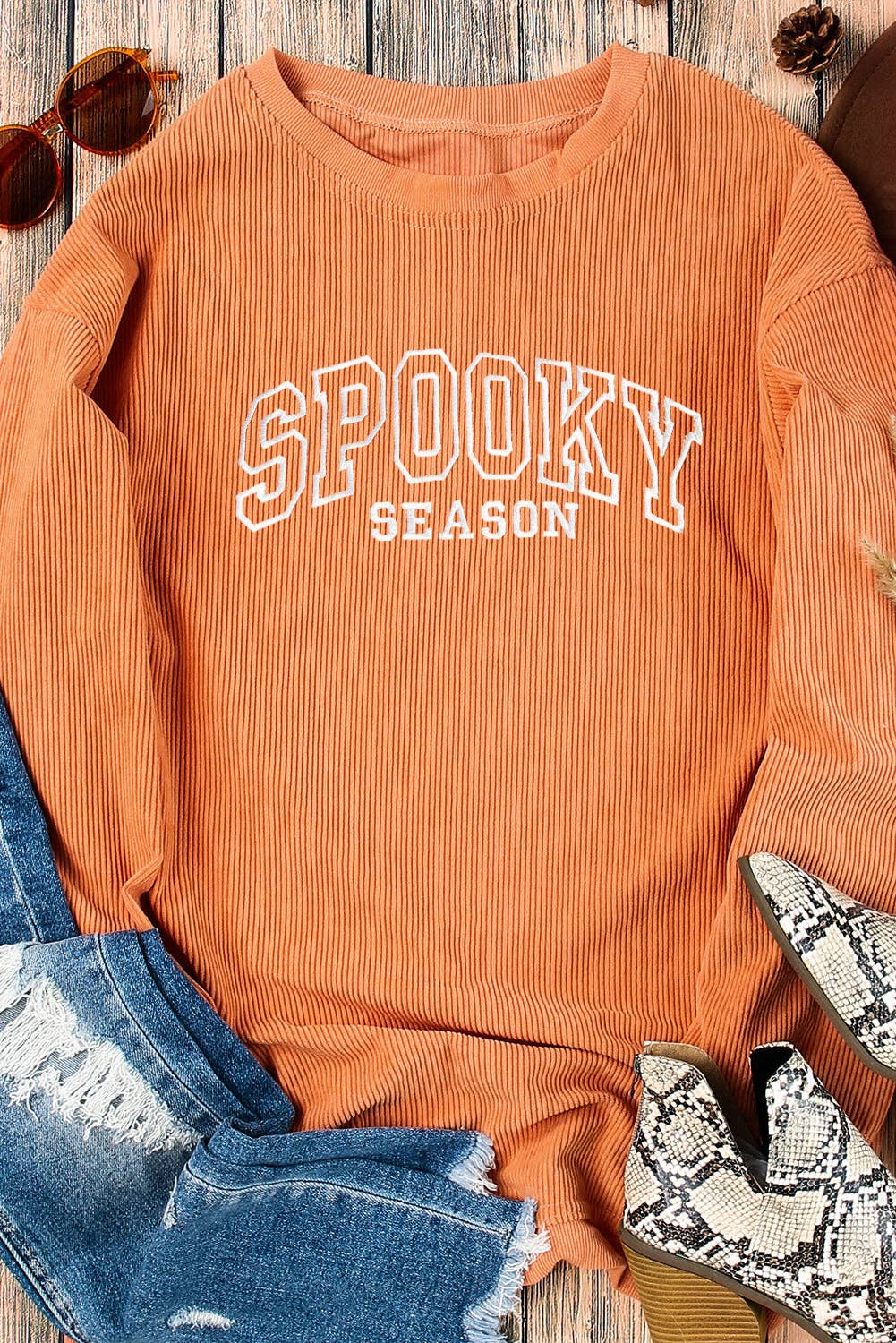 SPOOKY SEASON Embroidered Ribbed Sweatshirt