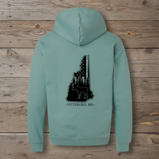 Light Teal Hoodie, NH Flag Treeline & Moose