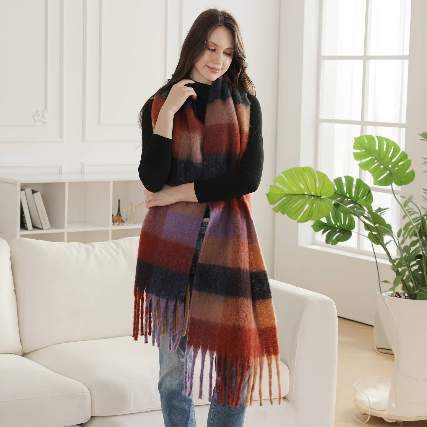Plaid Pattern Fringe Oblong Winter Scarf