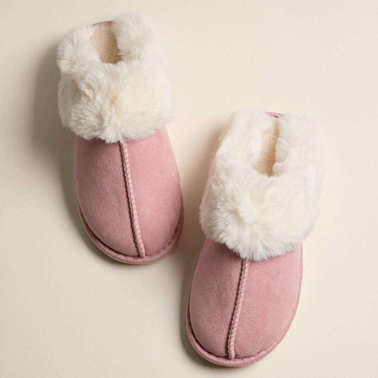Faux Fur Lined Suede-Style Slippers - Blush