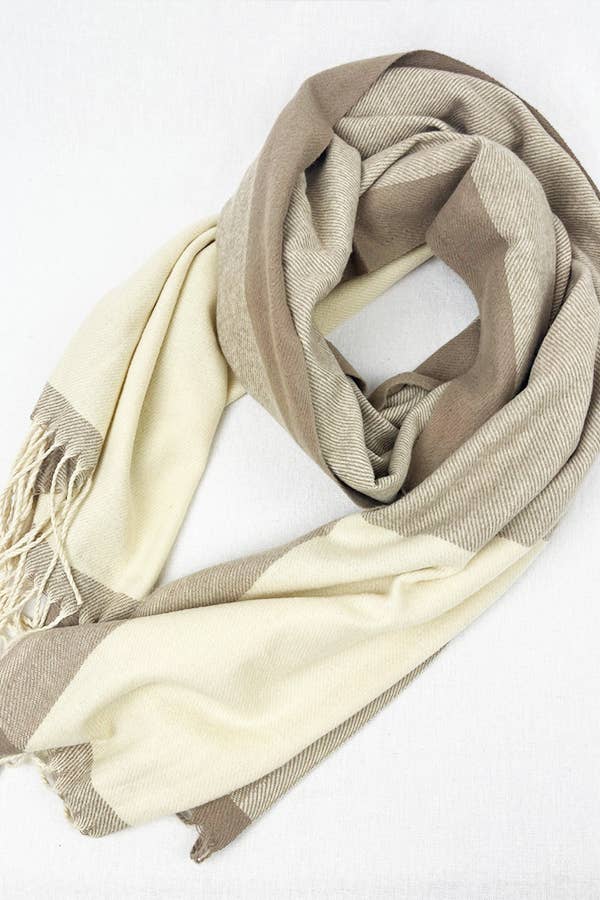 Two Tone Plaid Cashmere Scarf With Tassel
