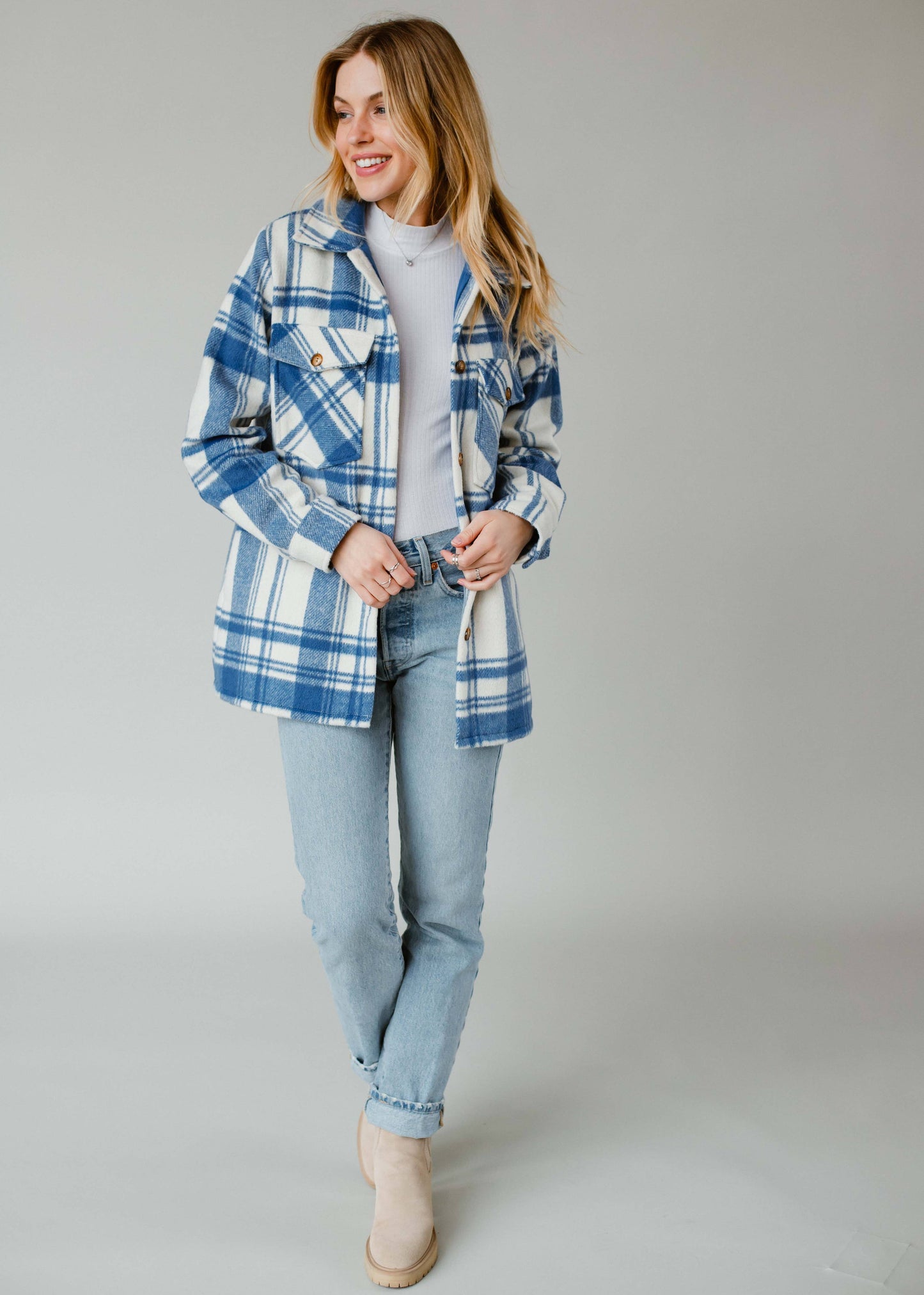 Royal Blue & Cream Plaid Shacket