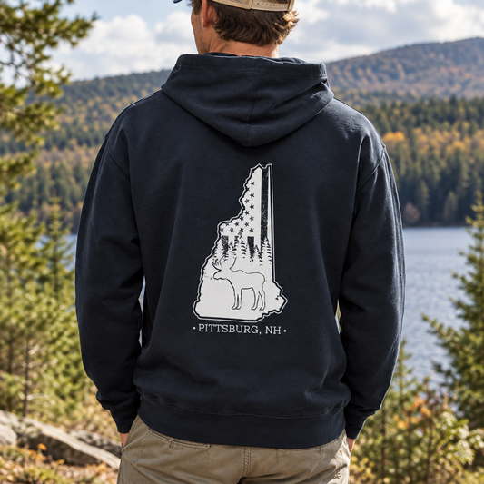 Navy Hoodie, NH Flag Treeline & Moose