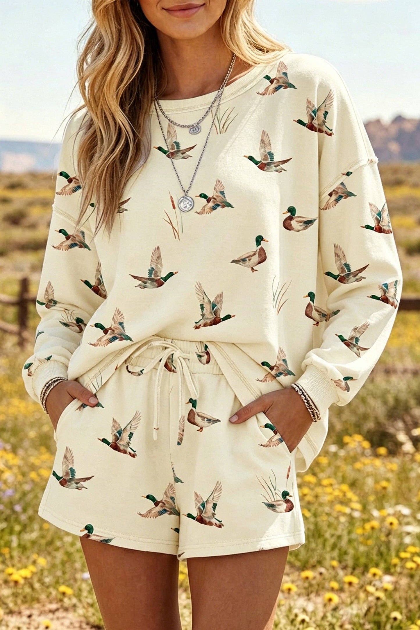 Mallard Print Long Sleeve Top Drawstring Short Set