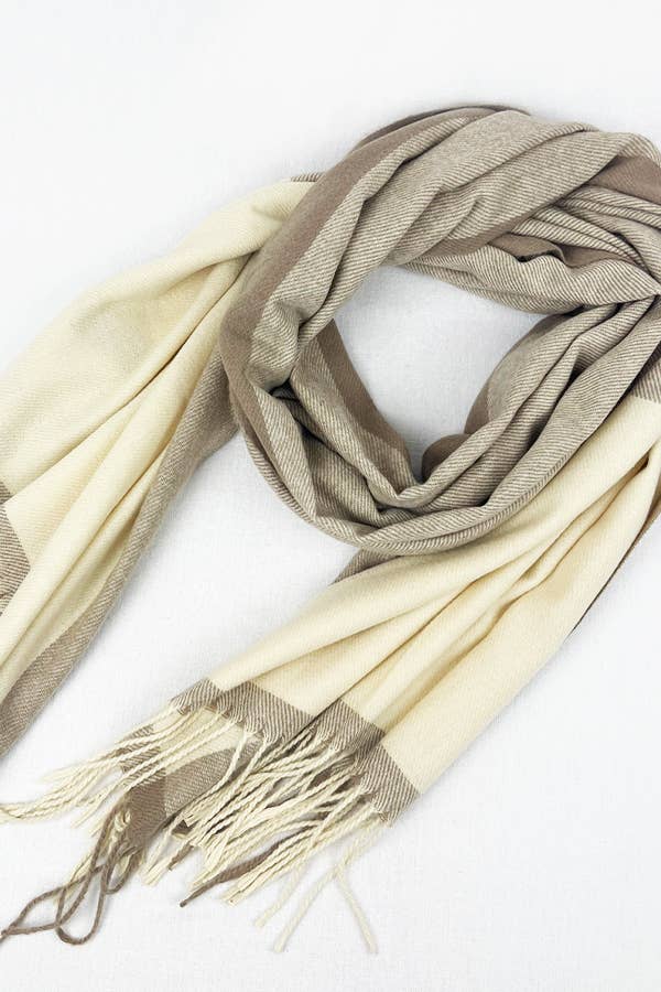 Two Tone Plaid Cashmere Scarf With Tassel