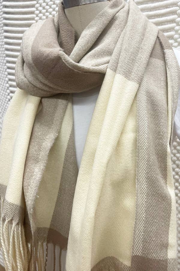 Two Tone Plaid Cashmere Scarf With Tassel