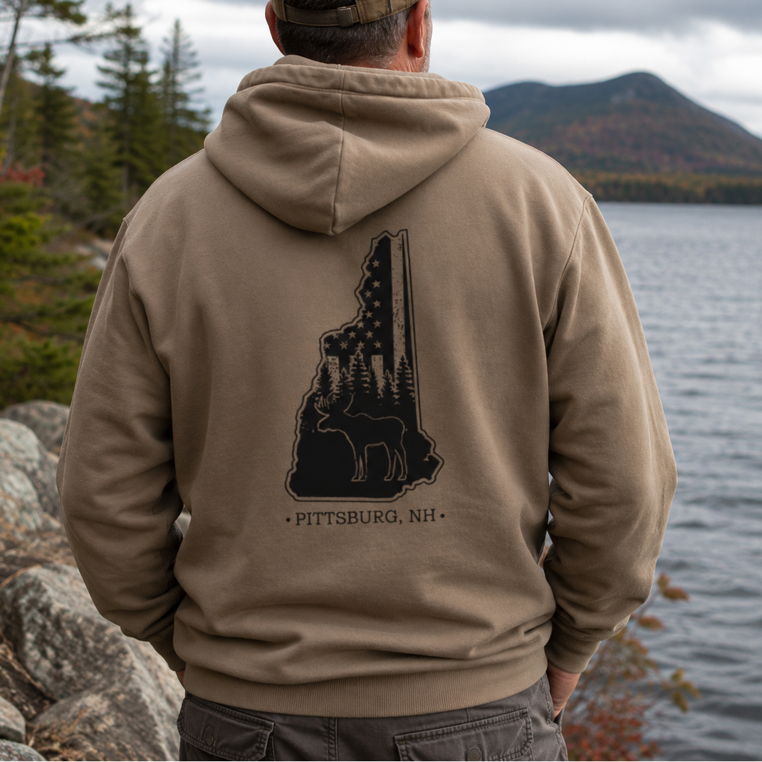 Weathered Brown Hoodie, NH Flag Treeline & Moose