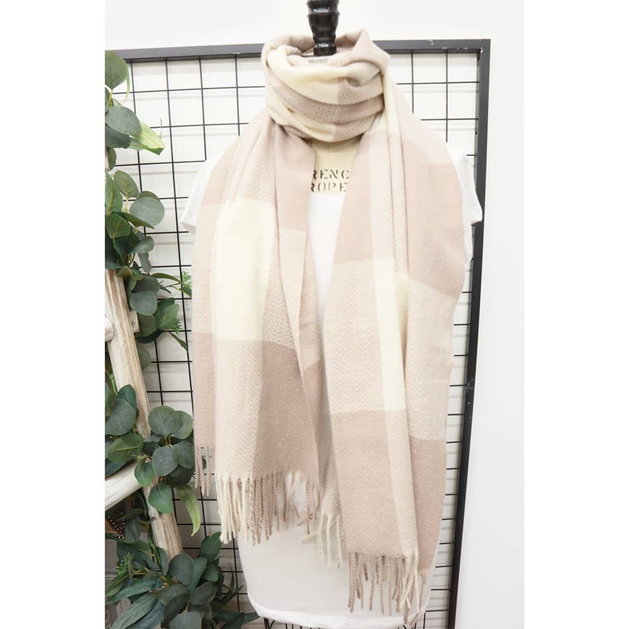 Blush/Cream - Two Tone Plaid Cashmere Scarf with Tassel