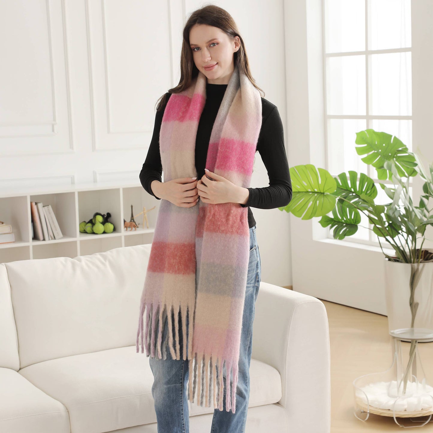 Plaid Pattern Fringe Oblong Winter Scarf