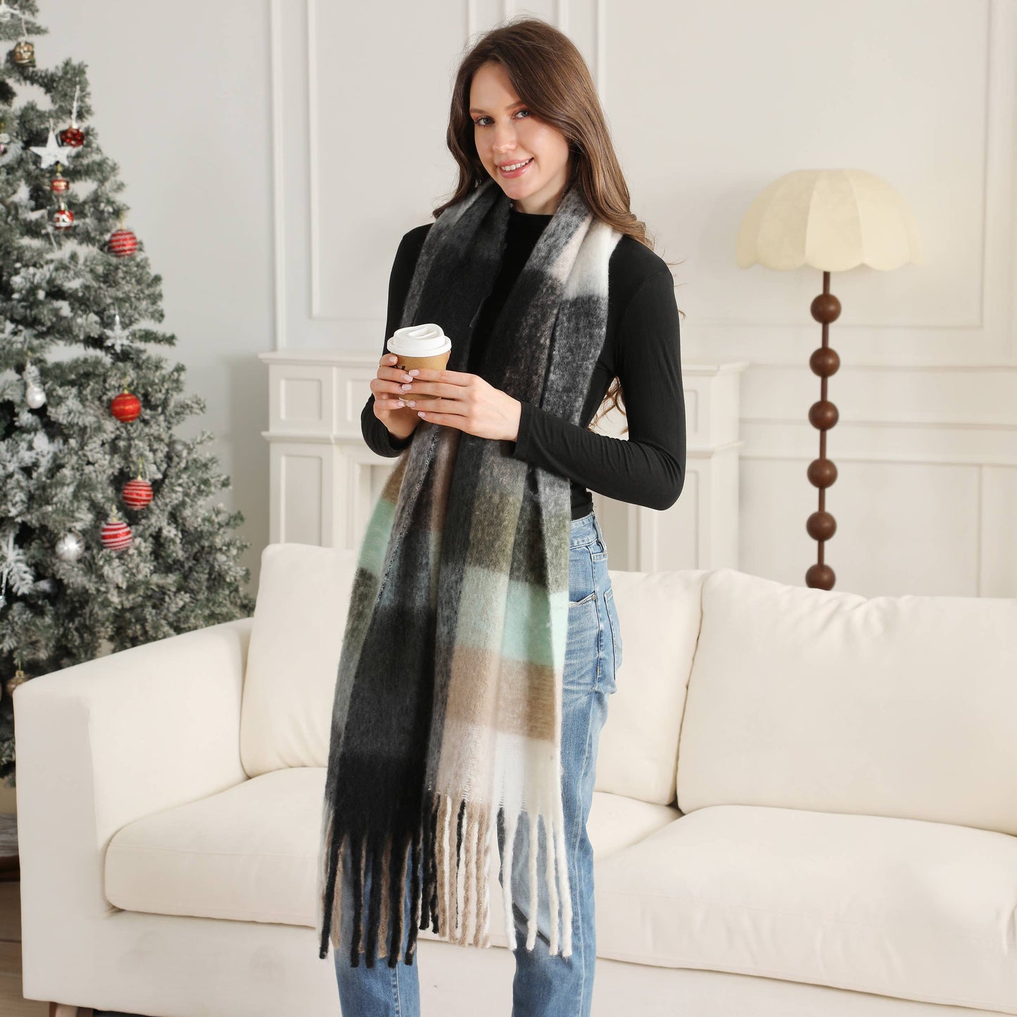 Plaid Pattern Fringe Oblong Winter Scarf