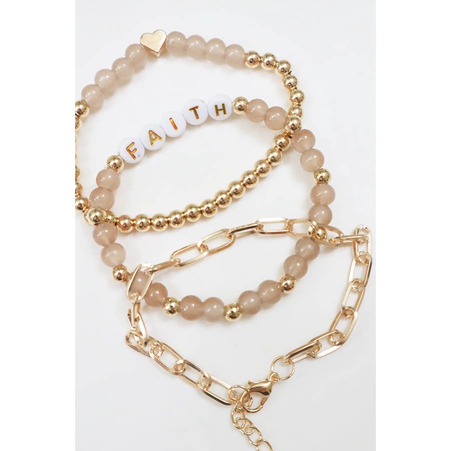 Faith Bead and Chain Layered Soft Tone Bracelets