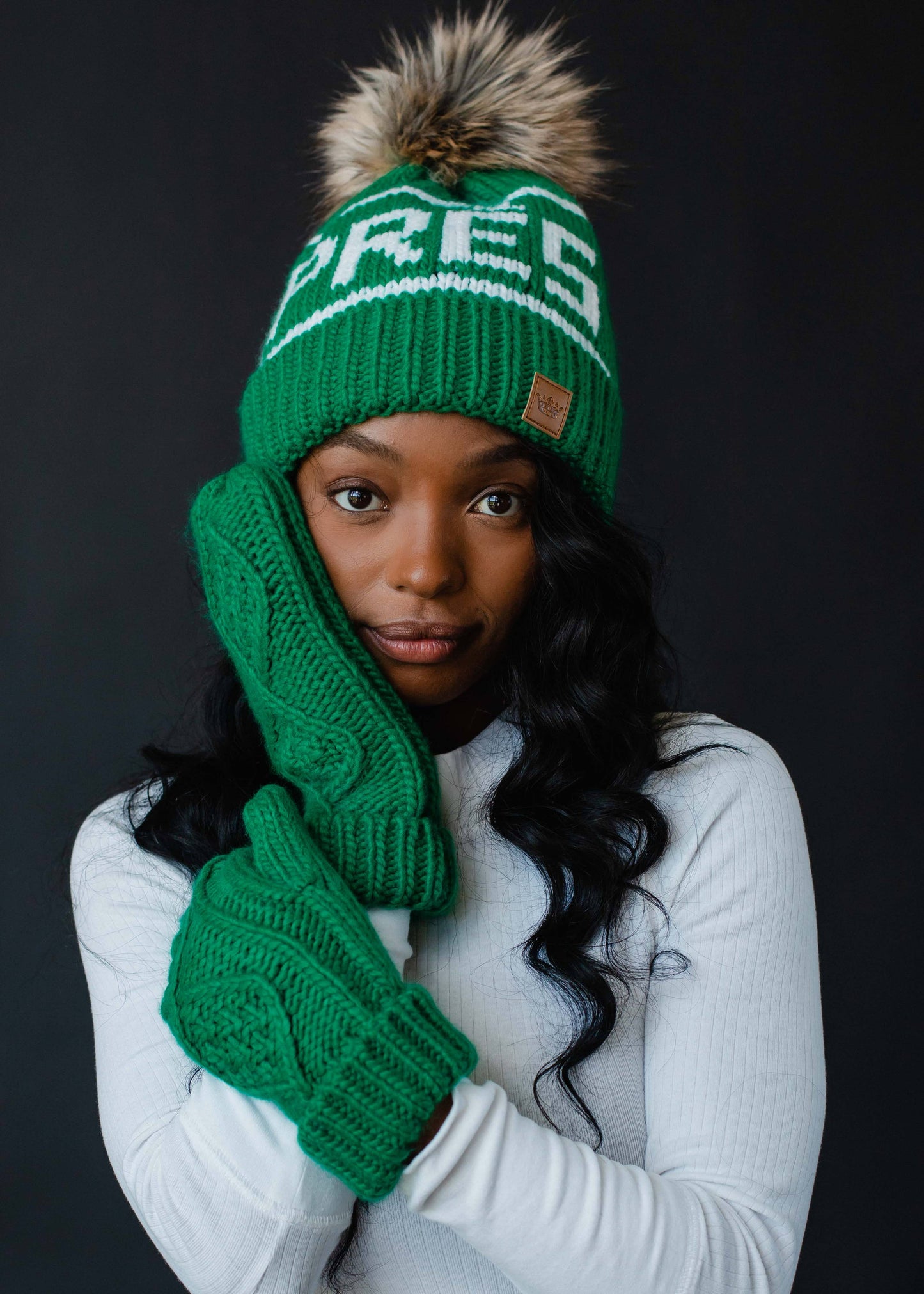 Green & White Après Pom Hat